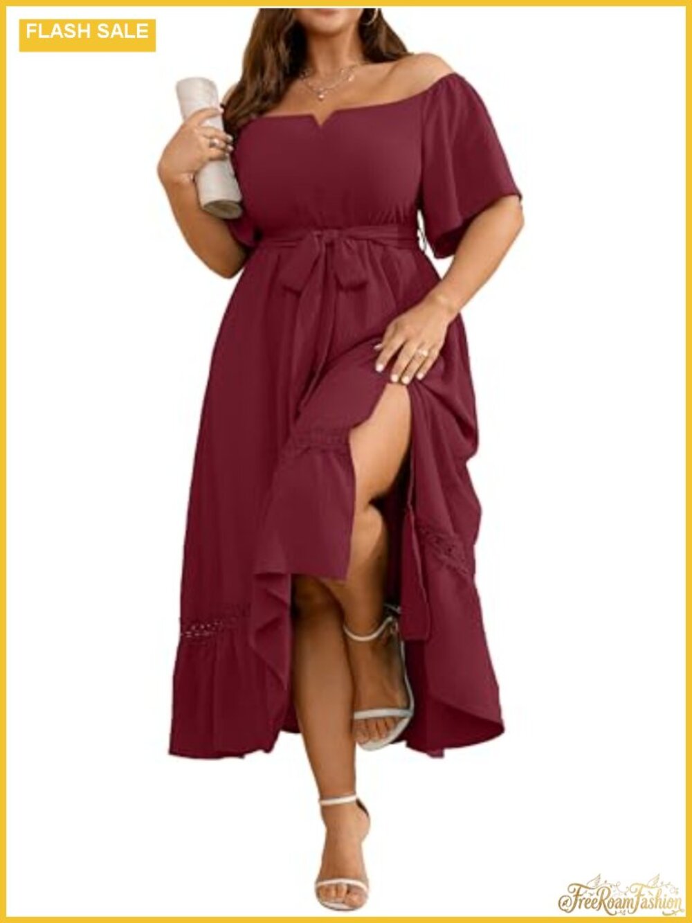 Plus Size Off Shoulder Maxi Dress with Belt Flowy Slit Summer Cocktail